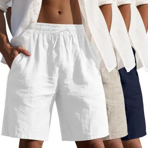 3 Pack Men's Cotton Linen 9" Inseam Shorts Drawstring Elastic Waist Beach Casual Summer Bermuda with Pockets