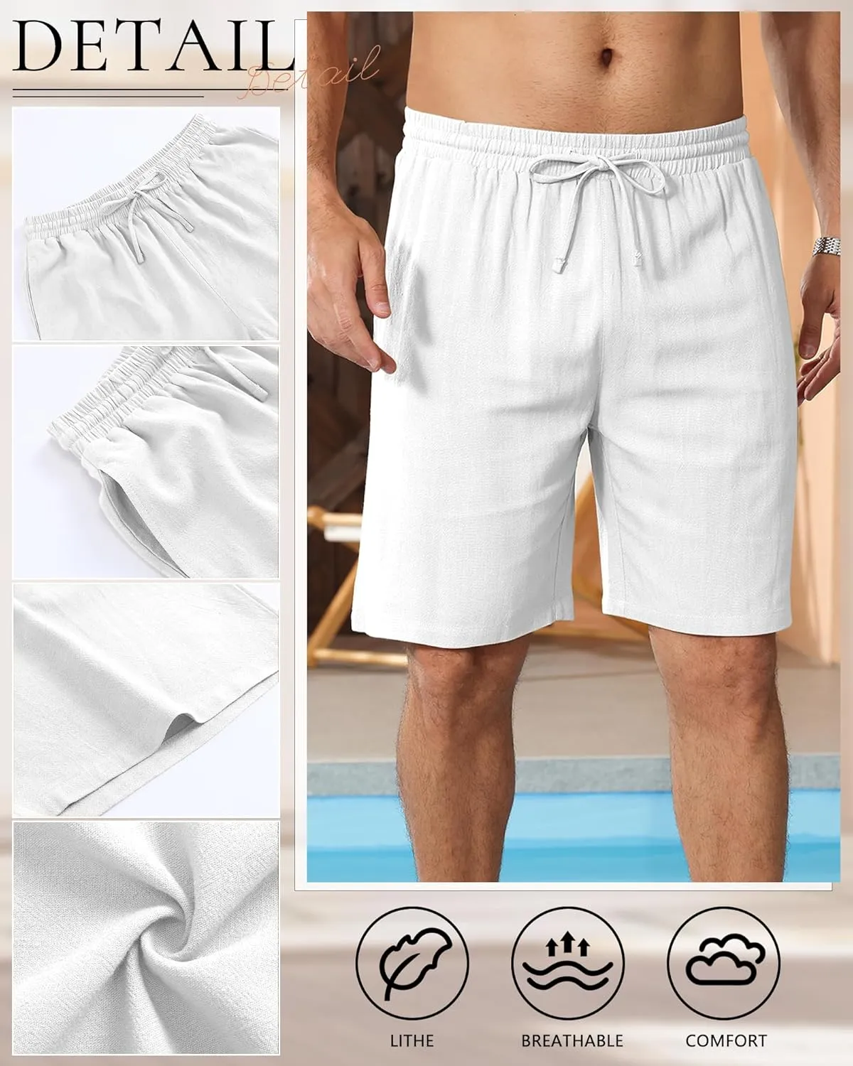 3 Pack Men's Cotton Linen 9" Inseam Shorts Drawstring Elastic Waist Beach Casual Summer Bermuda with Pockets
