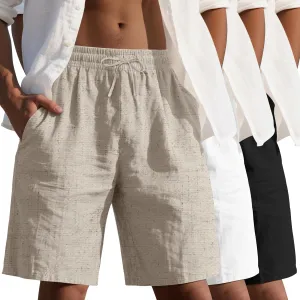 3 Pack Men's Cotton Linen 9" Inseam Shorts Drawstring Elastic Waist Beach Casual Summer Bermuda with Pockets