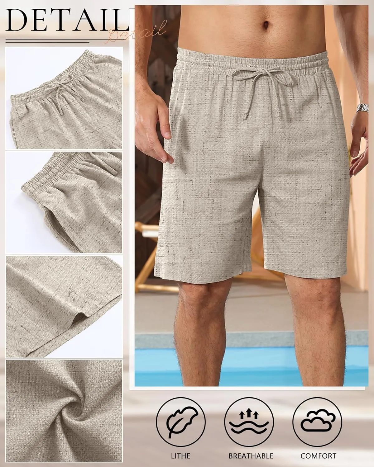 3 Pack Men's Cotton Linen 9" Inseam Shorts Drawstring Elastic Waist Beach Casual Summer Bermuda with Pockets