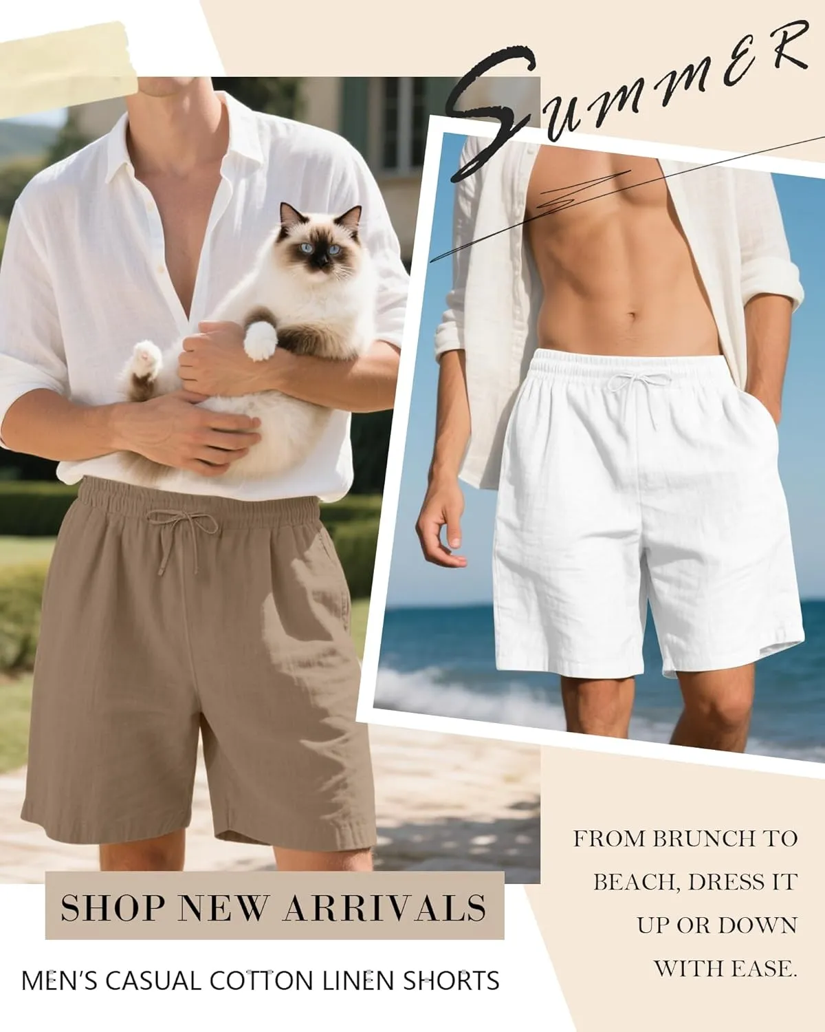 3 Pack Men's Cotton Linen 9" Inseam Shorts Drawstring Elastic Waist Beach Casual Summer Bermuda with Pockets