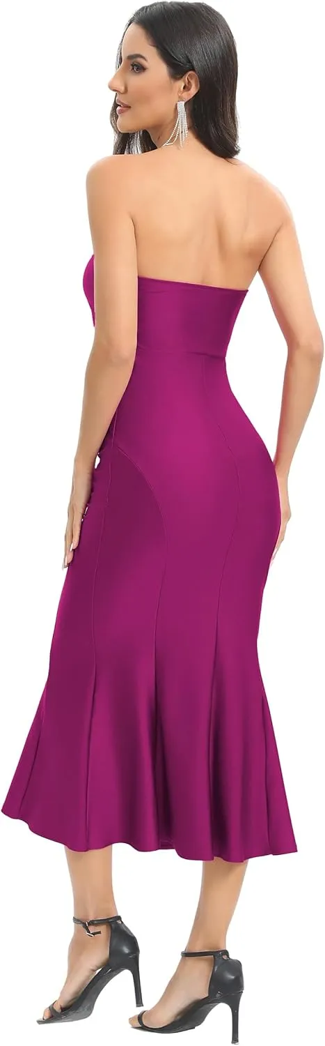 Aigeman Women's Sexy Off Shoulder Sleeveless Bodycon Mermaid Midi Dress Strapless Tube Elegant Cocktail Party Dress 292