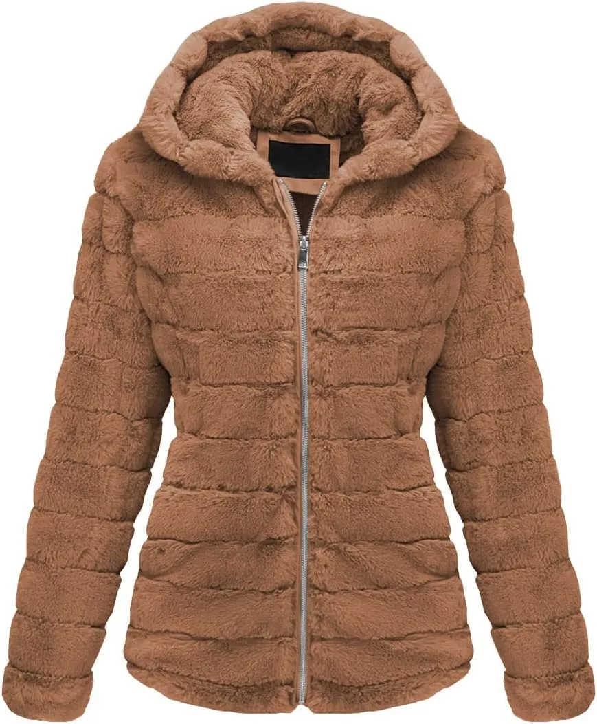 Bellivera Women's Faux Fur Coat Shearling Fluffy Fuzzy Shaggy Hood Sherpa-Lined Fleece Jacket