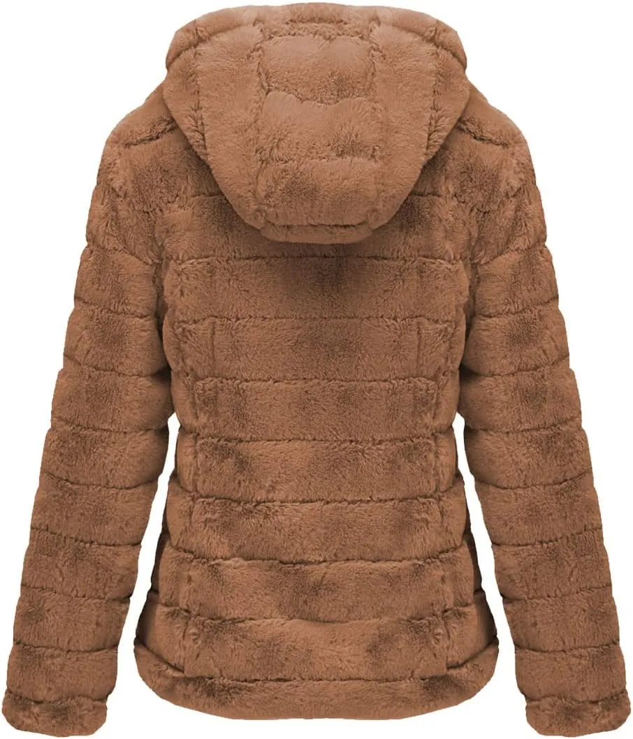 Bellivera Women's Faux Fur Coat Shearling Fluffy Fuzzy Shaggy Hood Sherpa-Lined Fleece Jacket