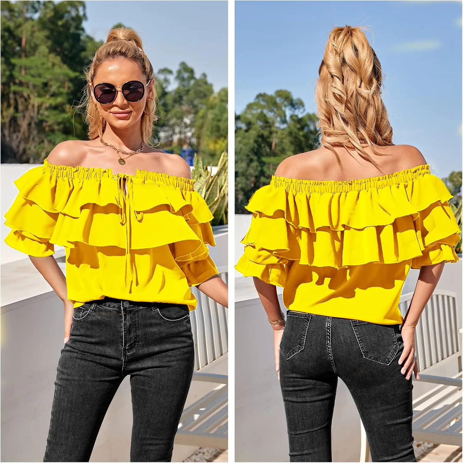 Byinns Women's Off Shoulder Ruffle Trendy Summer Fashion Long Sleeve Blouse Sexy Dressy Casual Outfits Layered Tops