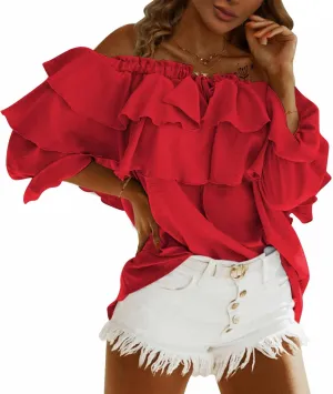 Byinns Women's Off Shoulder Ruffle Trendy Summer Fashion Long Sleeve Blouse Sexy Dressy Casual Outfits Layered Tops