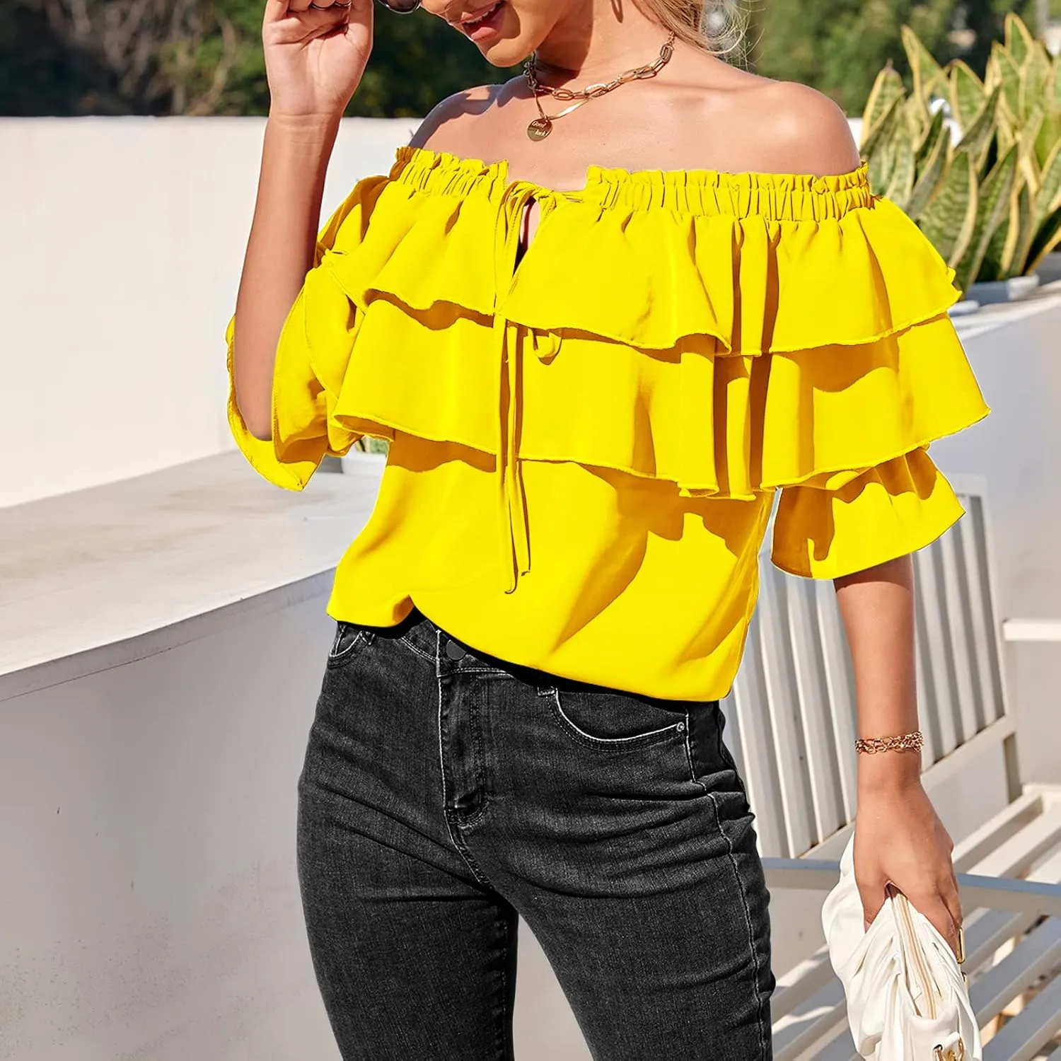Byinns Women's Off Shoulder Ruffle Trendy Summer Fashion Long Sleeve Blouse Sexy Dressy Casual Outfits Layered Tops
