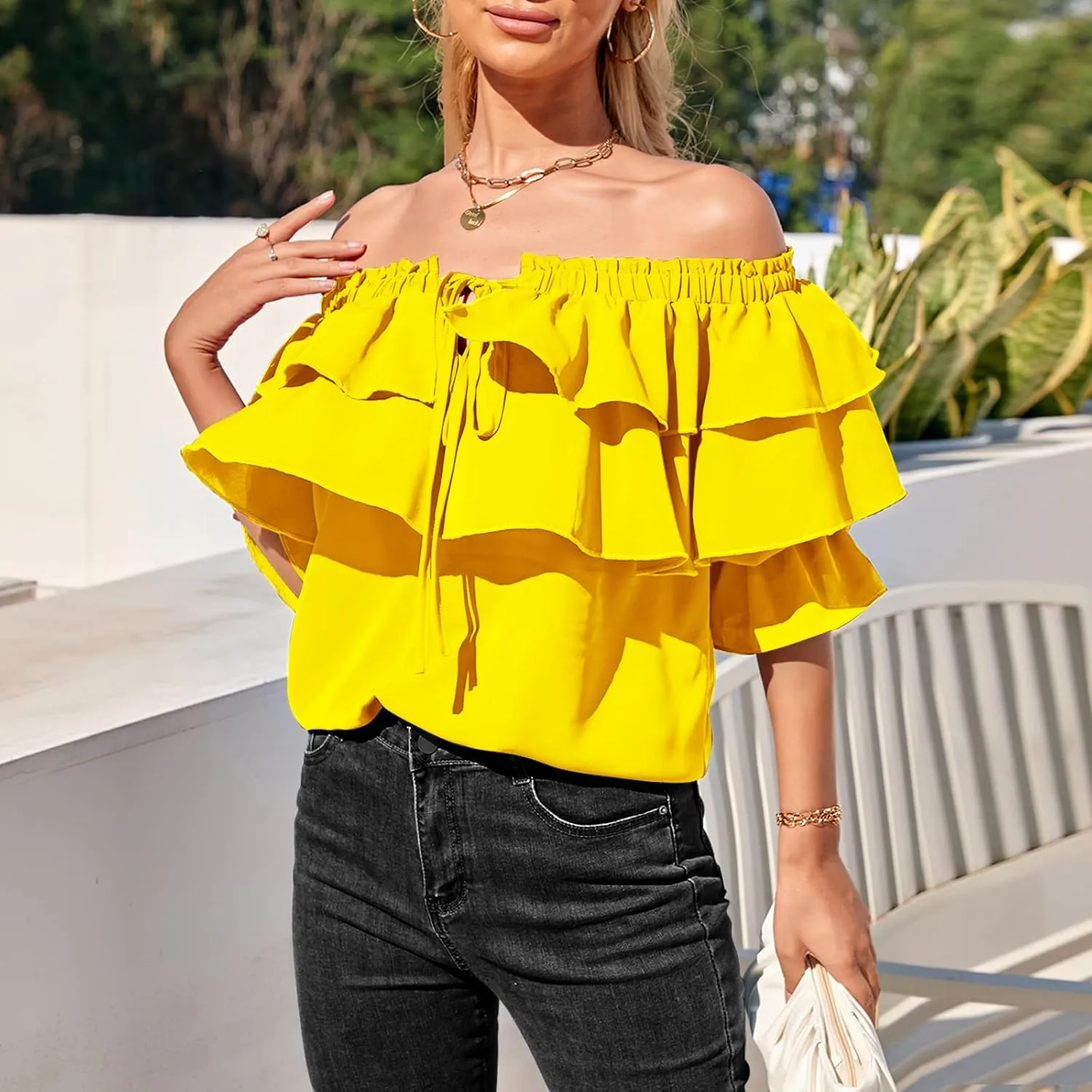 Byinns Women's Off Shoulder Ruffle Trendy Summer Fashion Long Sleeve Blouse Sexy Dressy Casual Outfits Layered Tops