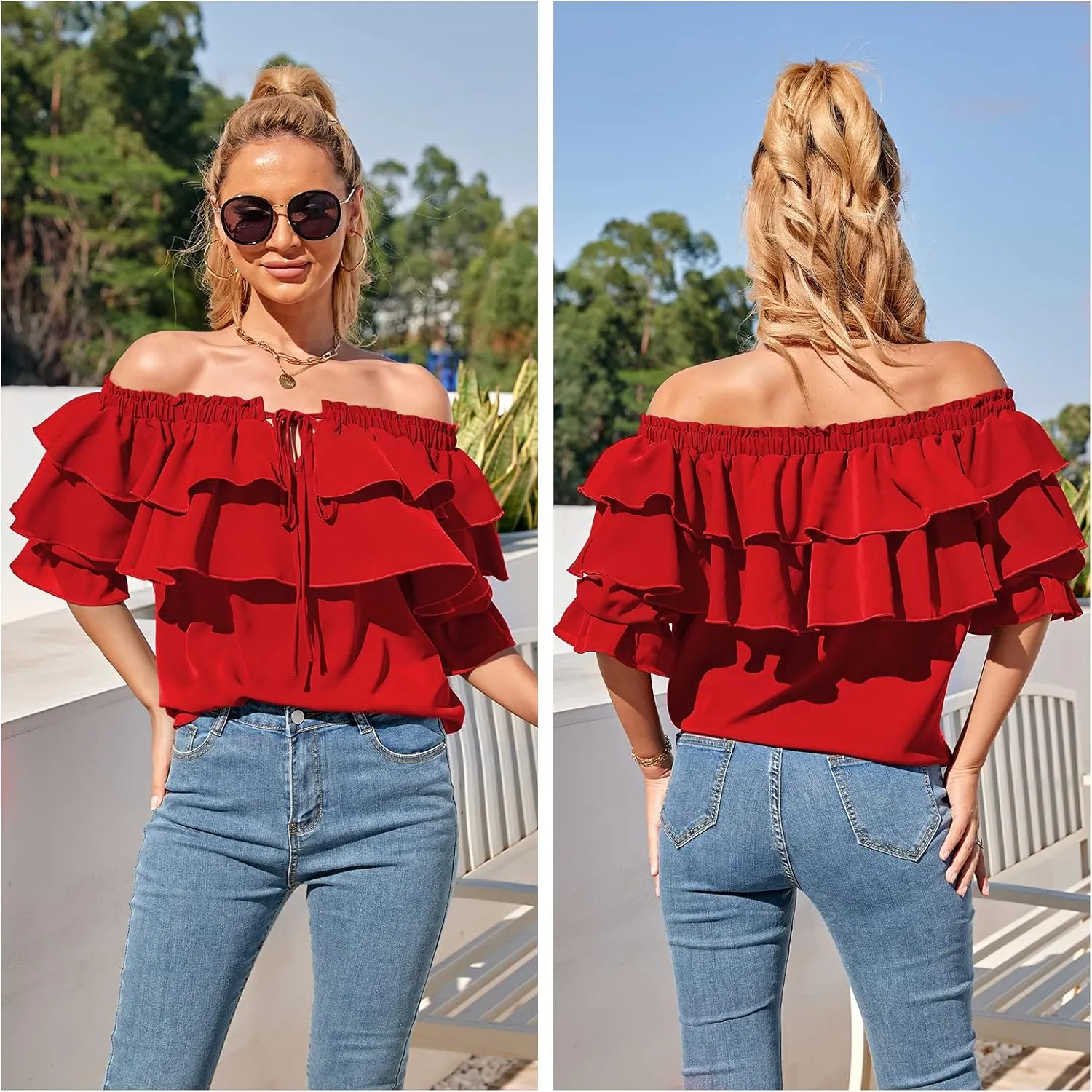 Byinns Women's Off Shoulder Ruffle Trendy Summer Fashion Long Sleeve Blouse Sexy Dressy Casual Outfits Layered Tops