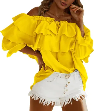 Byinns Women's Off Shoulder Ruffle Trendy Summer Fashion Long Sleeve Blouse Sexy Dressy Casual Outfits Layered Tops