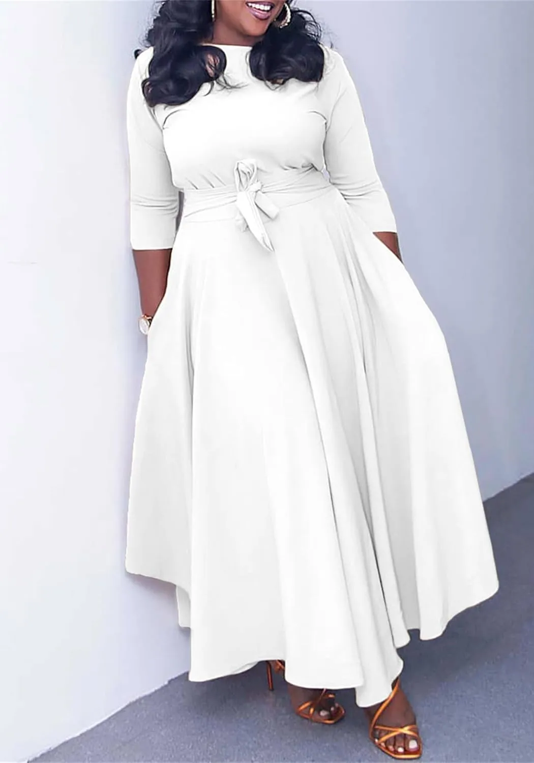Casual Floral Print Plus Size Maxi Dress for Women 3/4 Sleeve High Waist Flowy Ruffle Fall Dresses with Belt