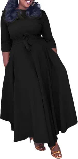 Casual Floral Print Plus Size Maxi Dress for Women 3/4 Sleeve High Waist Flowy Ruffle Fall Dresses with Belt