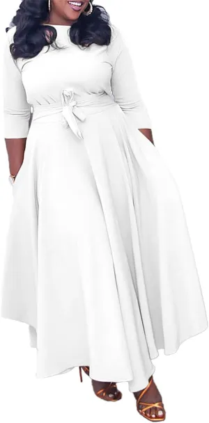 Casual Floral Print Plus Size Maxi Dress for Women 3/4 Sleeve High Waist Flowy Ruffle Fall Dresses with Belt