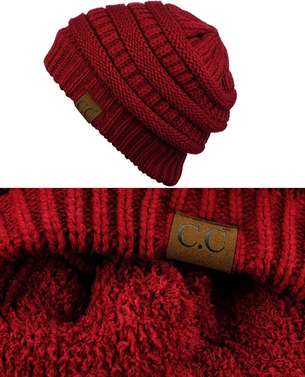 C.C Unisex Chunky Soft Stretch Cable Knit Warm Fuzzy Lined Skully Beanie