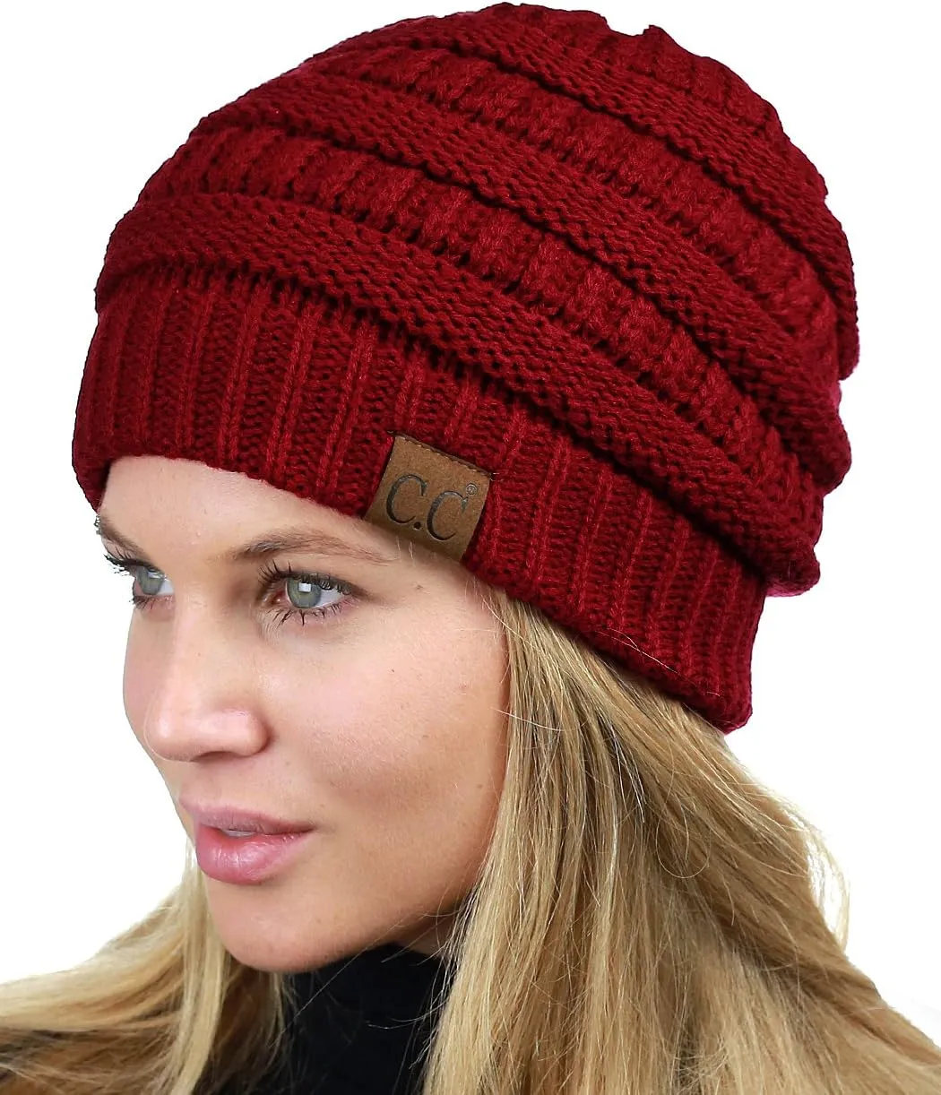 C.C Unisex Chunky Soft Stretch Cable Knit Warm Fuzzy Lined Skully Beanie