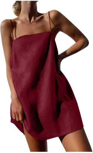 for Ladies Fall Summer Sleeveless Spaghetti Strap Off Shoulder Linen Mini Short Loose Fit Basic Dresses Women 2025