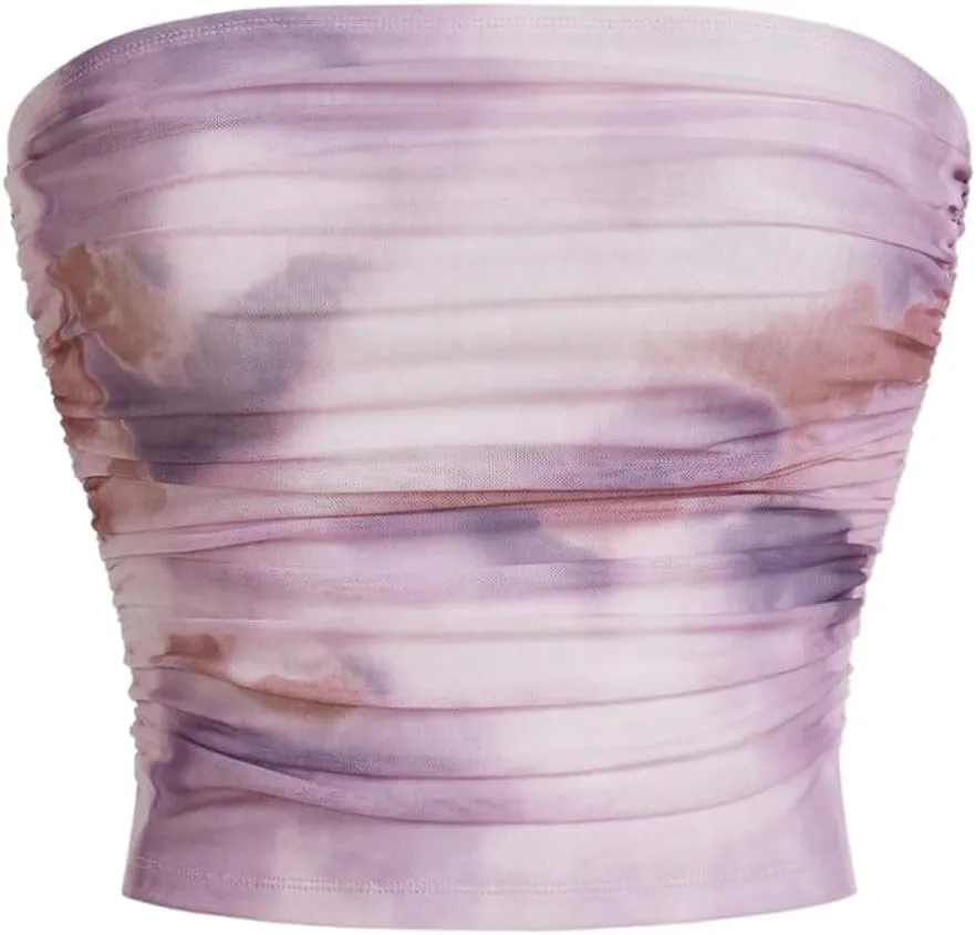 GORGLITTER Women's Strapless Bandeau Tube Tops Cute Summer Mesh Backless Ruched Going Out Crop Tops Cami 2025 Trendy
