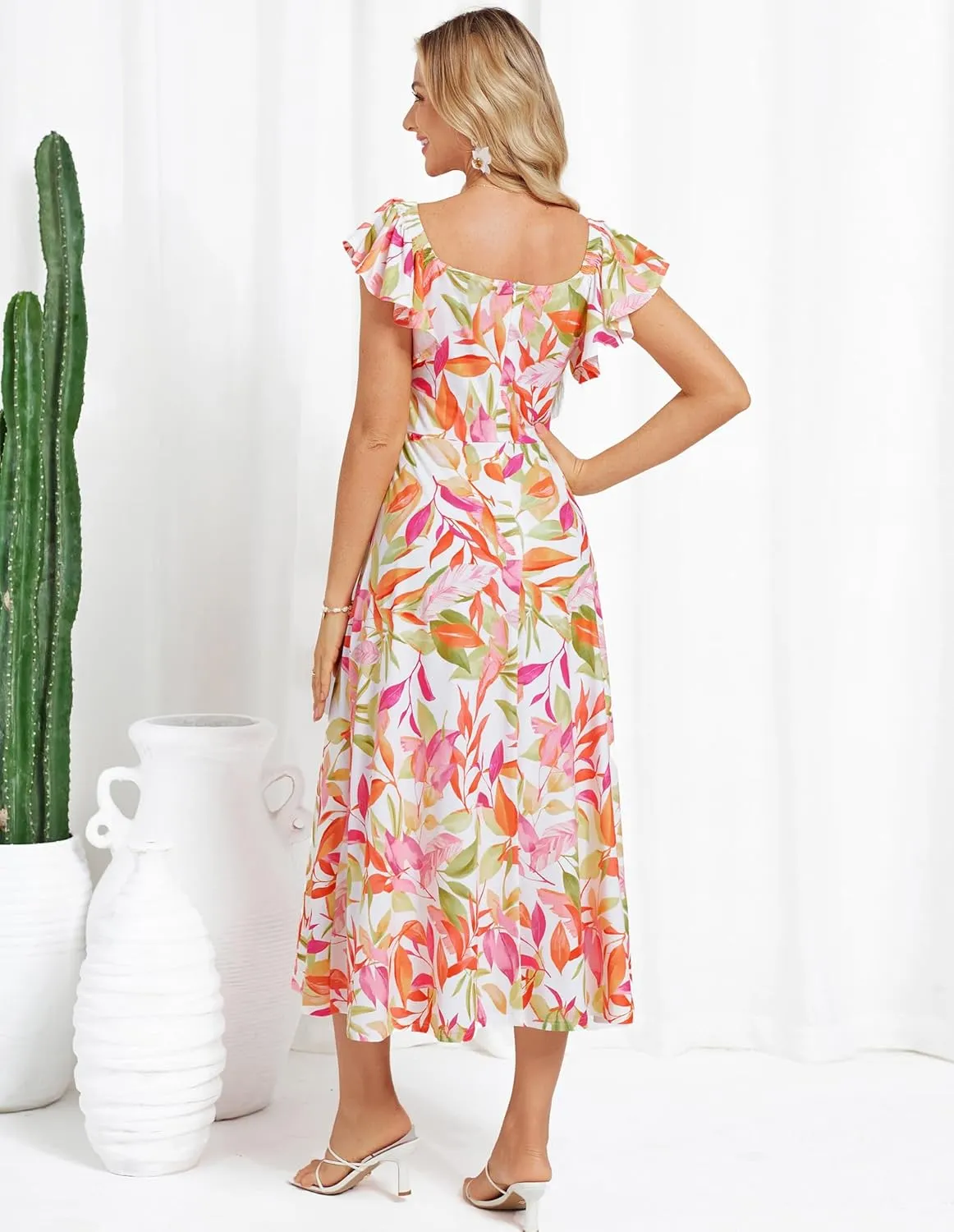 GRACE KARIN Women Summer Floral Dress Flutter Short Sleeve Casual Split Flowy Vacation Beach Midi Long Dresses