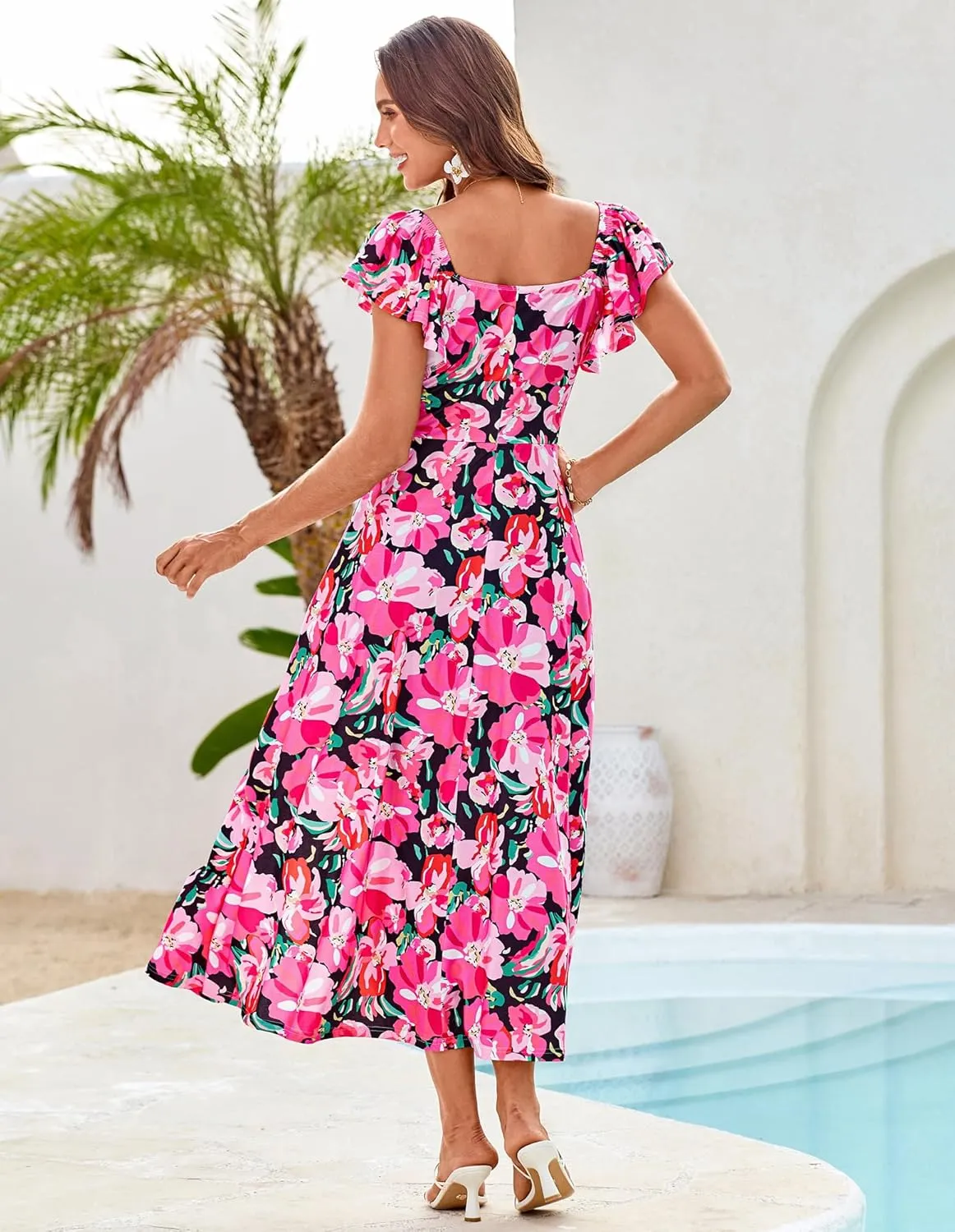 GRACE KARIN Women Summer Floral Dress Flutter Short Sleeve Casual Split Flowy Vacation Beach Midi Long Dresses