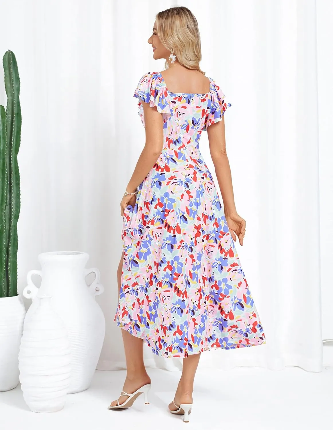 GRACE KARIN Women Summer Floral Dress Flutter Short Sleeve Casual Split Flowy Vacation Beach Midi Long Dresses