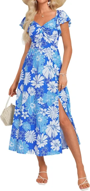 GRACE KARIN Women Summer Floral Dress Flutter Short Sleeve Casual Split Flowy Vacation Beach Midi Long Dresses
