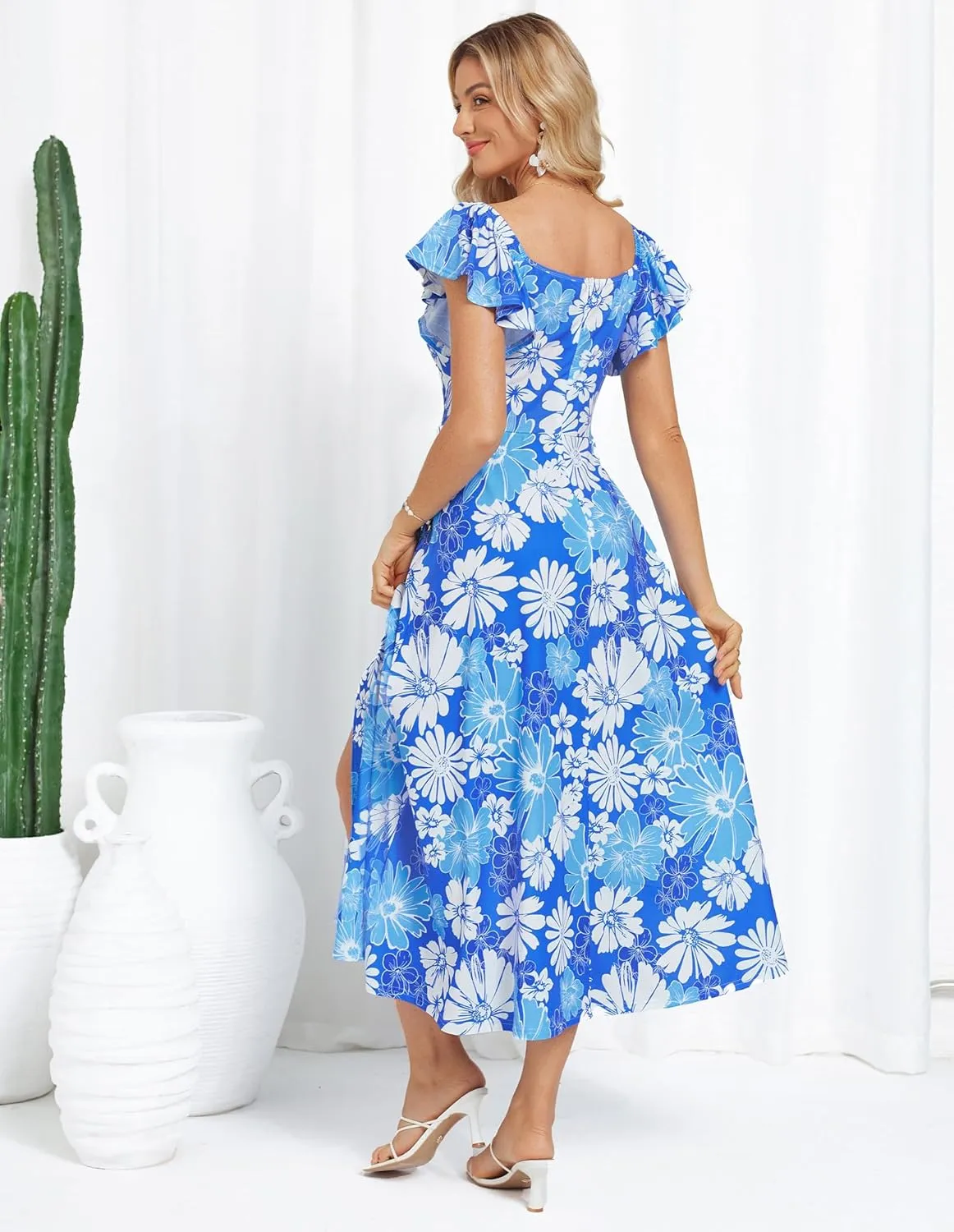 GRACE KARIN Women Summer Floral Dress Flutter Short Sleeve Casual Split Flowy Vacation Beach Midi Long Dresses