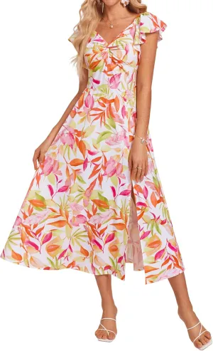 GRACE KARIN Women Summer Floral Dress Flutter Short Sleeve Casual Split Flowy Vacation Beach Midi Long Dresses