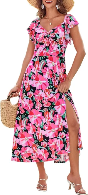 GRACE KARIN Women Summer Floral Dress Flutter Short Sleeve Casual Split Flowy Vacation Beach Midi Long Dresses