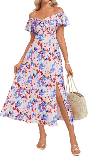GRACE KARIN Women Summer Floral Dress Flutter Short Sleeve Casual Split Flowy Vacation Beach Midi Long Dresses