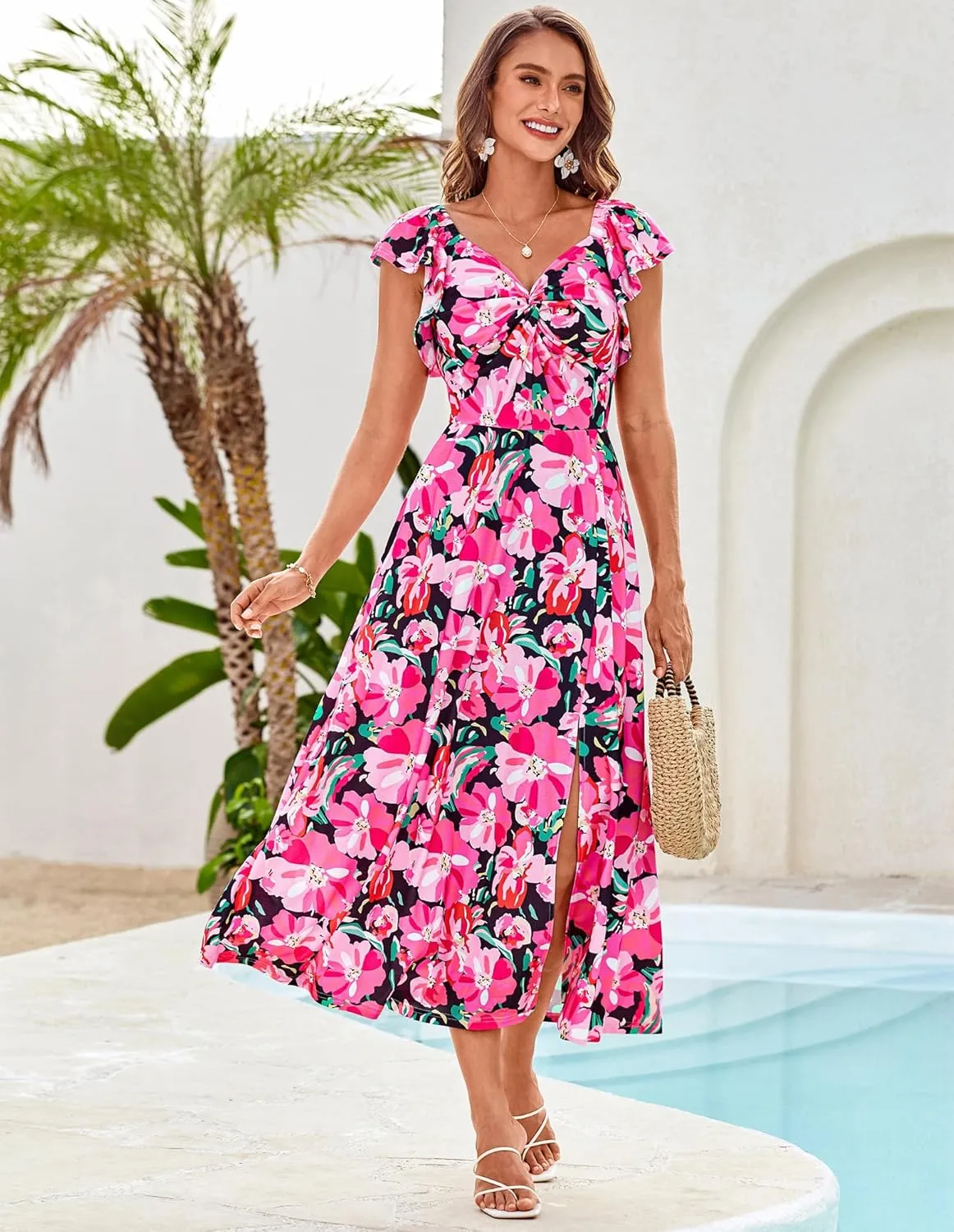 GRACE KARIN Women Summer Floral Dress Flutter Short Sleeve Casual Split Flowy Vacation Beach Midi Long Dresses