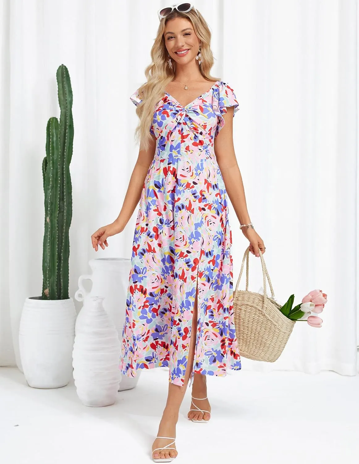 GRACE KARIN Women Summer Floral Dress Flutter Short Sleeve Casual Split Flowy Vacation Beach Midi Long Dresses