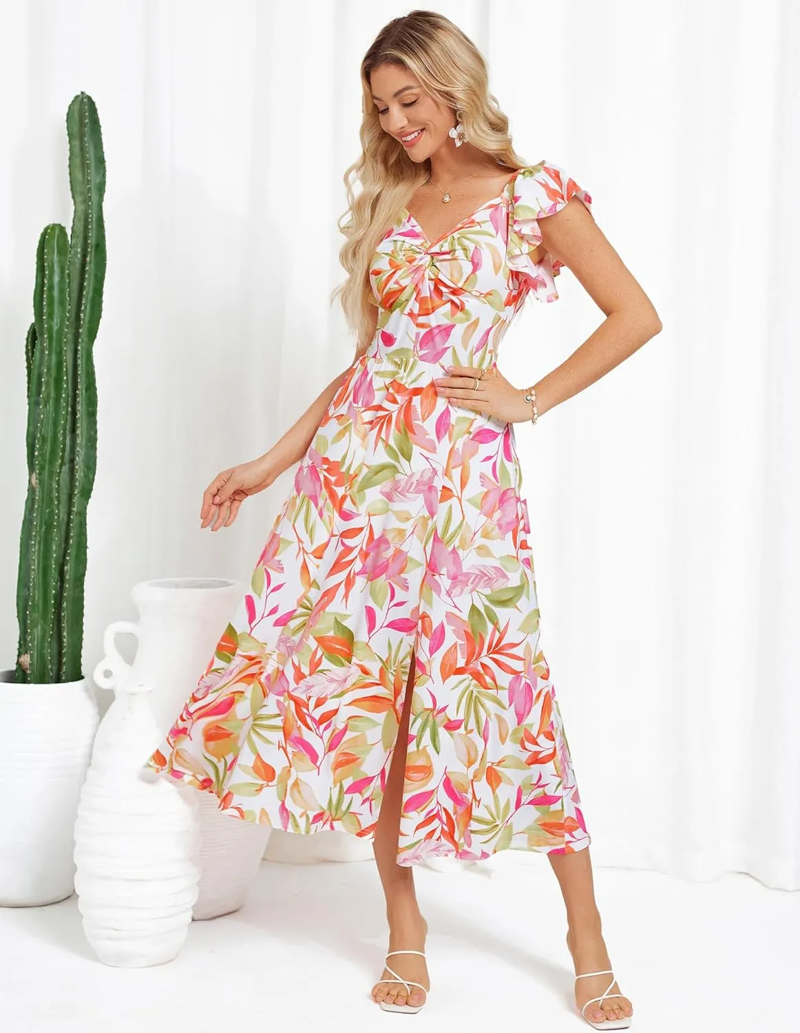 GRACE KARIN Women Summer Floral Dress Flutter Short Sleeve Casual Split Flowy Vacation Beach Midi Long Dresses