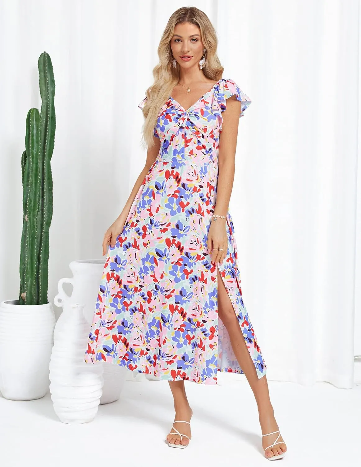 GRACE KARIN Women Summer Floral Dress Flutter Short Sleeve Casual Split Flowy Vacation Beach Midi Long Dresses