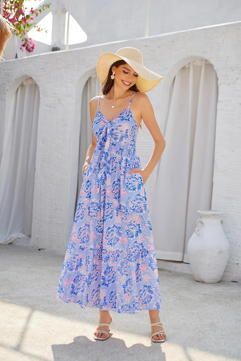 GRACE KARIN Women's 2025 Summer Maxi Dress Floral Tie Front Spaghetti Strap Casual Boho Beach Flowy Sundress with Pockets
