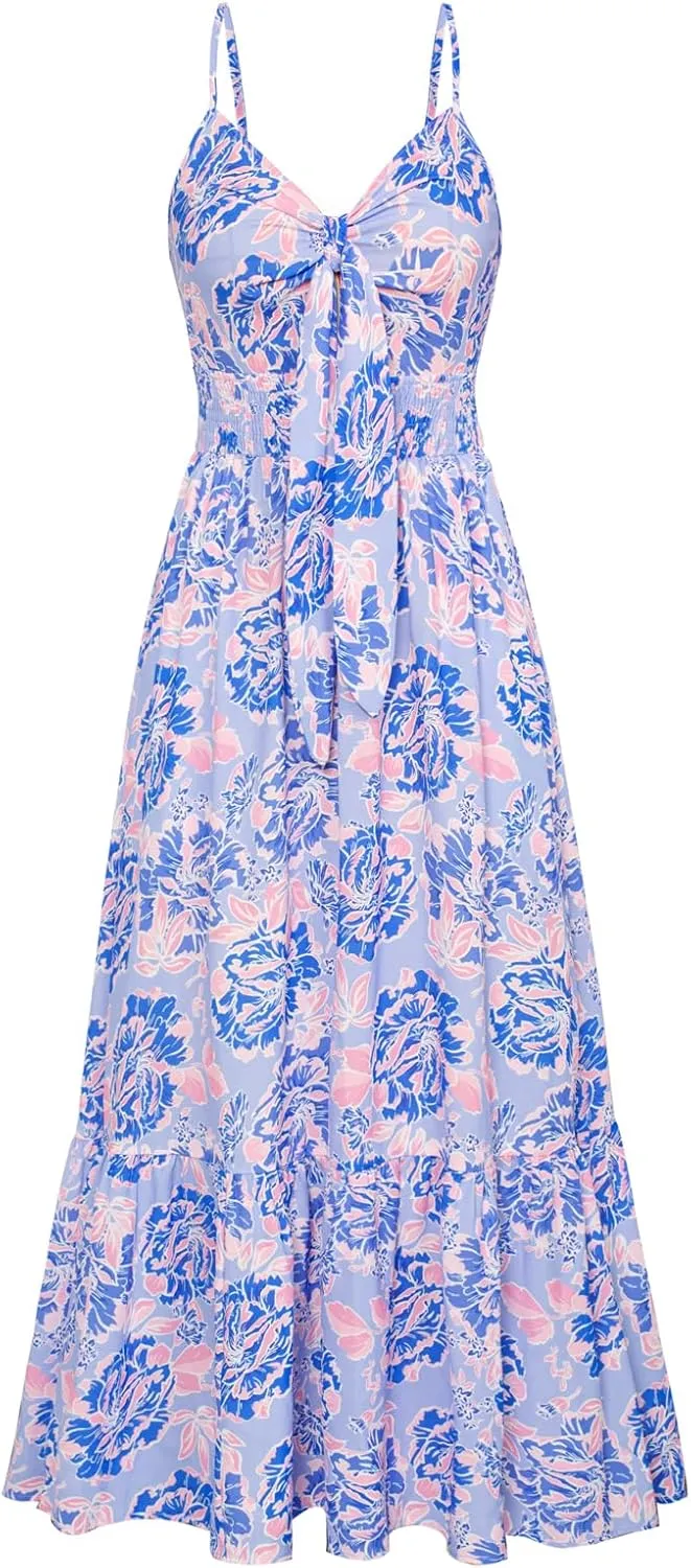 GRACE KARIN Women's 2025 Summer Maxi Dress Floral Tie Front Spaghetti Strap Casual Boho Beach Flowy Sundress with Pockets