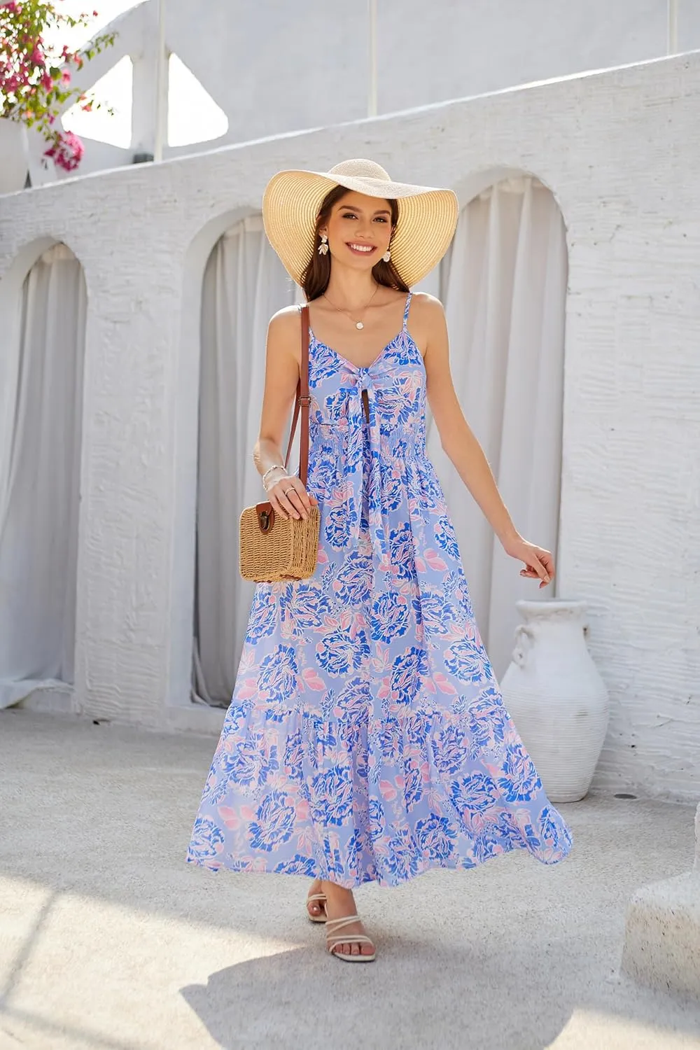 GRACE KARIN Women's 2025 Summer Maxi Dress Floral Tie Front Spaghetti Strap Casual Boho Beach Flowy Sundress with Pockets