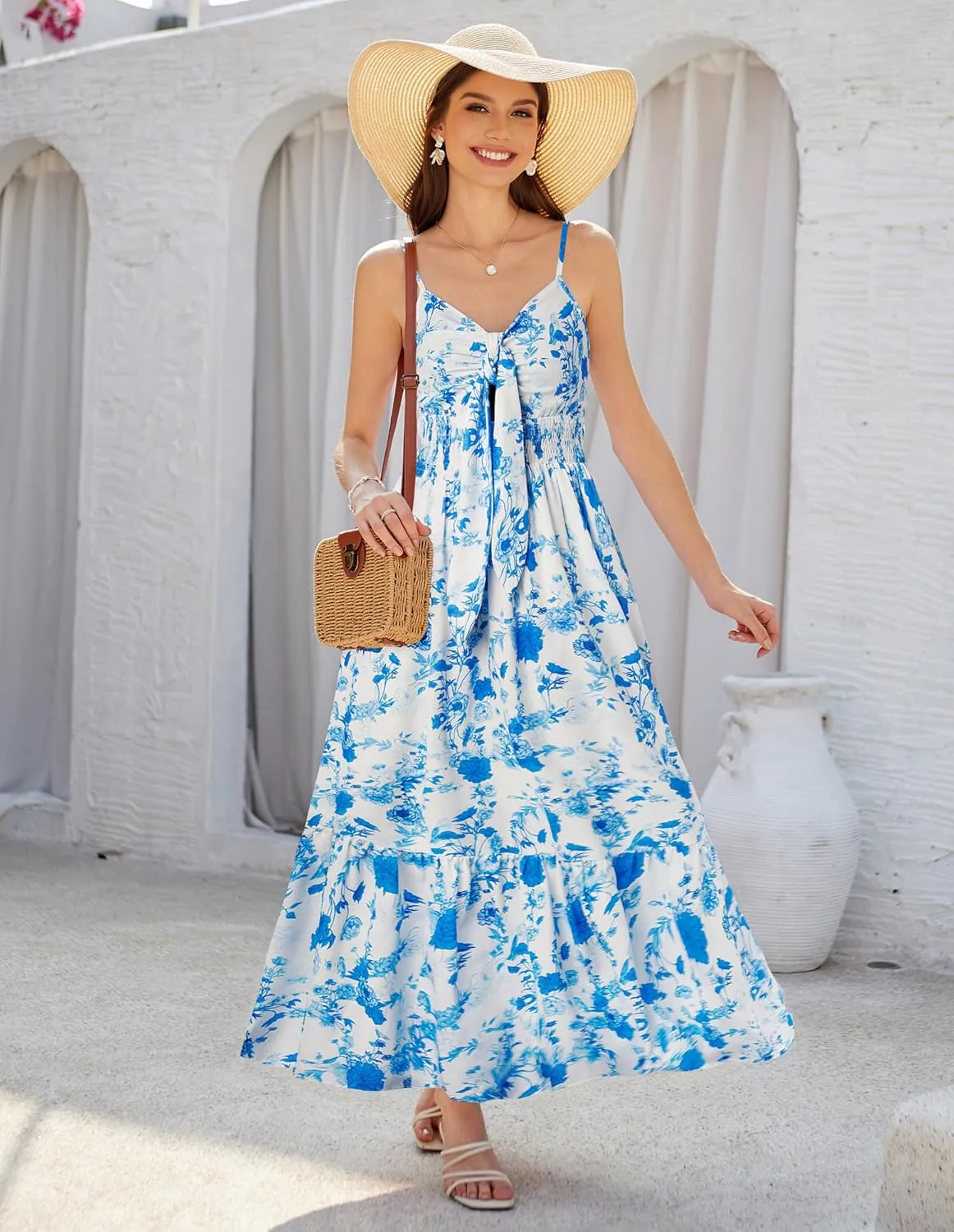 GRACE KARIN Women's 2025 Summer Maxi Dress Floral Tie Front Spaghetti Strap Casual Boho Beach Flowy Sundress with Pockets