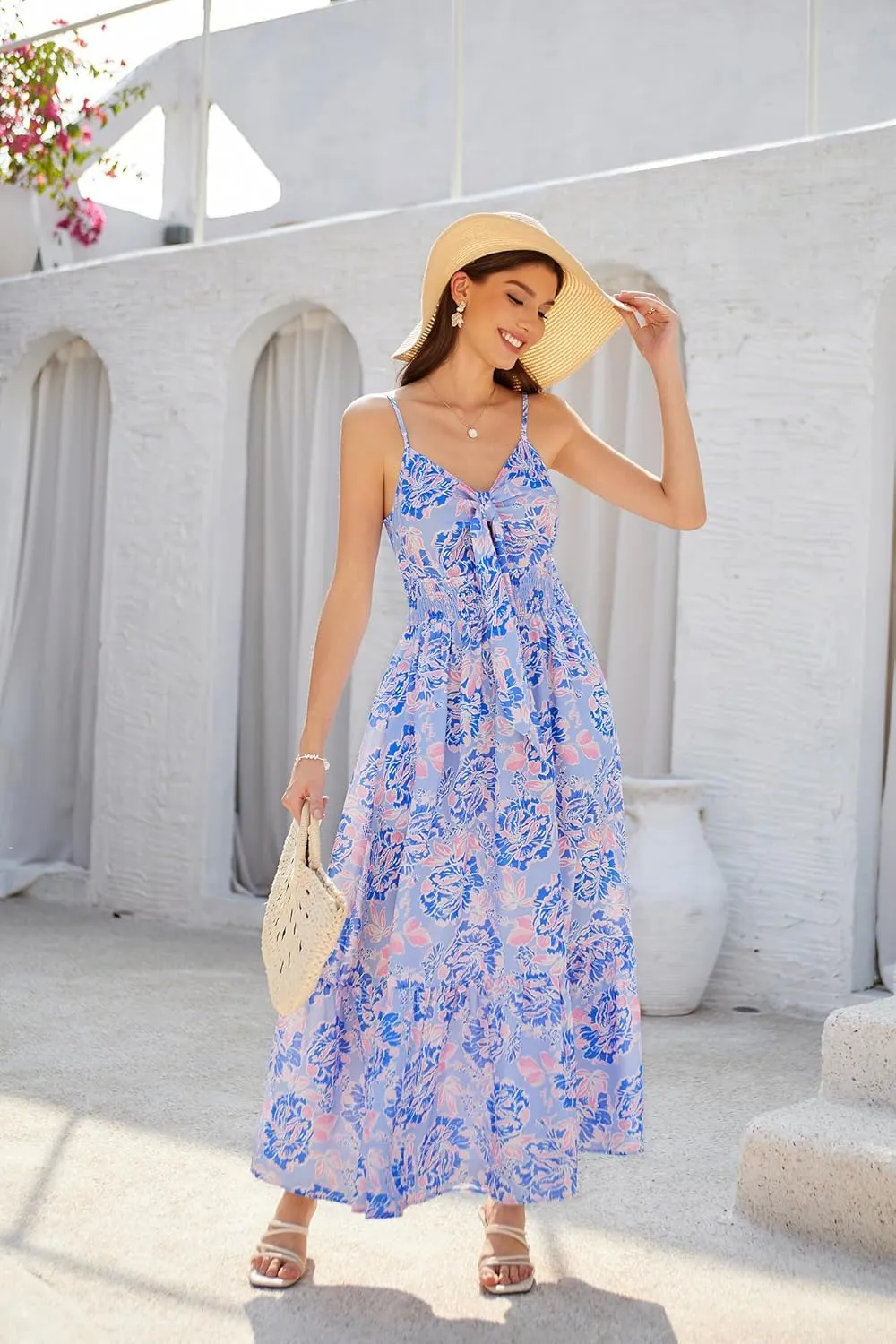 GRACE KARIN Women's 2025 Summer Maxi Dress Floral Tie Front Spaghetti Strap Casual Boho Beach Flowy Sundress with Pockets