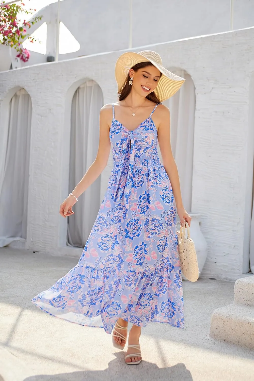 GRACE KARIN Women's 2025 Summer Maxi Dress Floral Tie Front Spaghetti Strap Casual Boho Beach Flowy Sundress with Pockets
