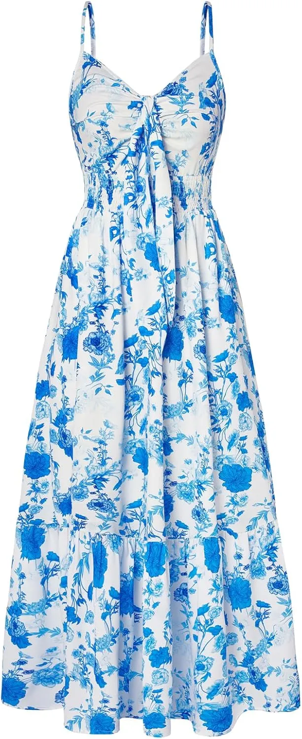 GRACE KARIN Women's 2025 Summer Maxi Dress Floral Tie Front Spaghetti Strap Casual Boho Beach Flowy Sundress with Pockets