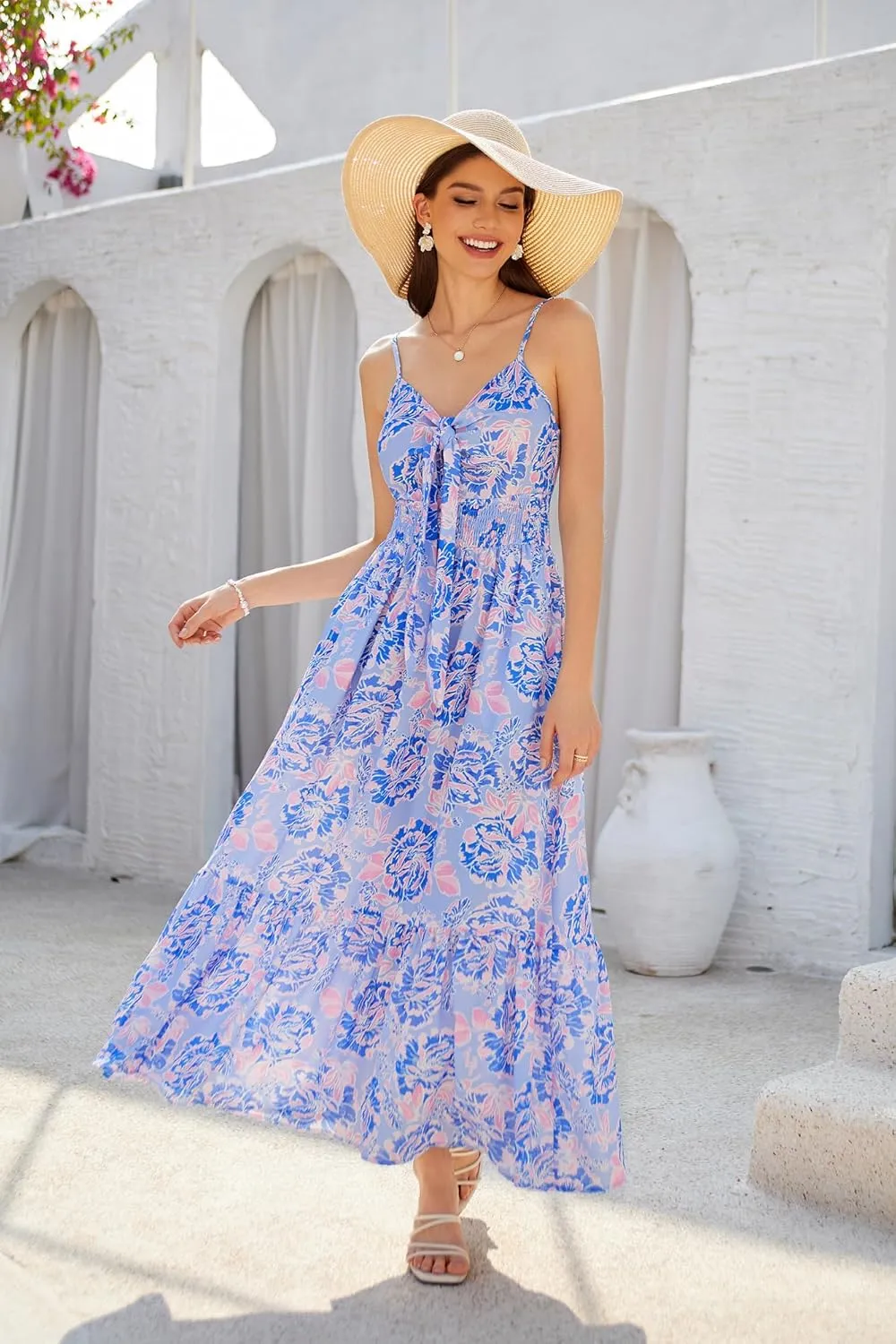 GRACE KARIN Women's 2025 Summer Maxi Dress Floral Tie Front Spaghetti Strap Casual Boho Beach Flowy Sundress with Pockets