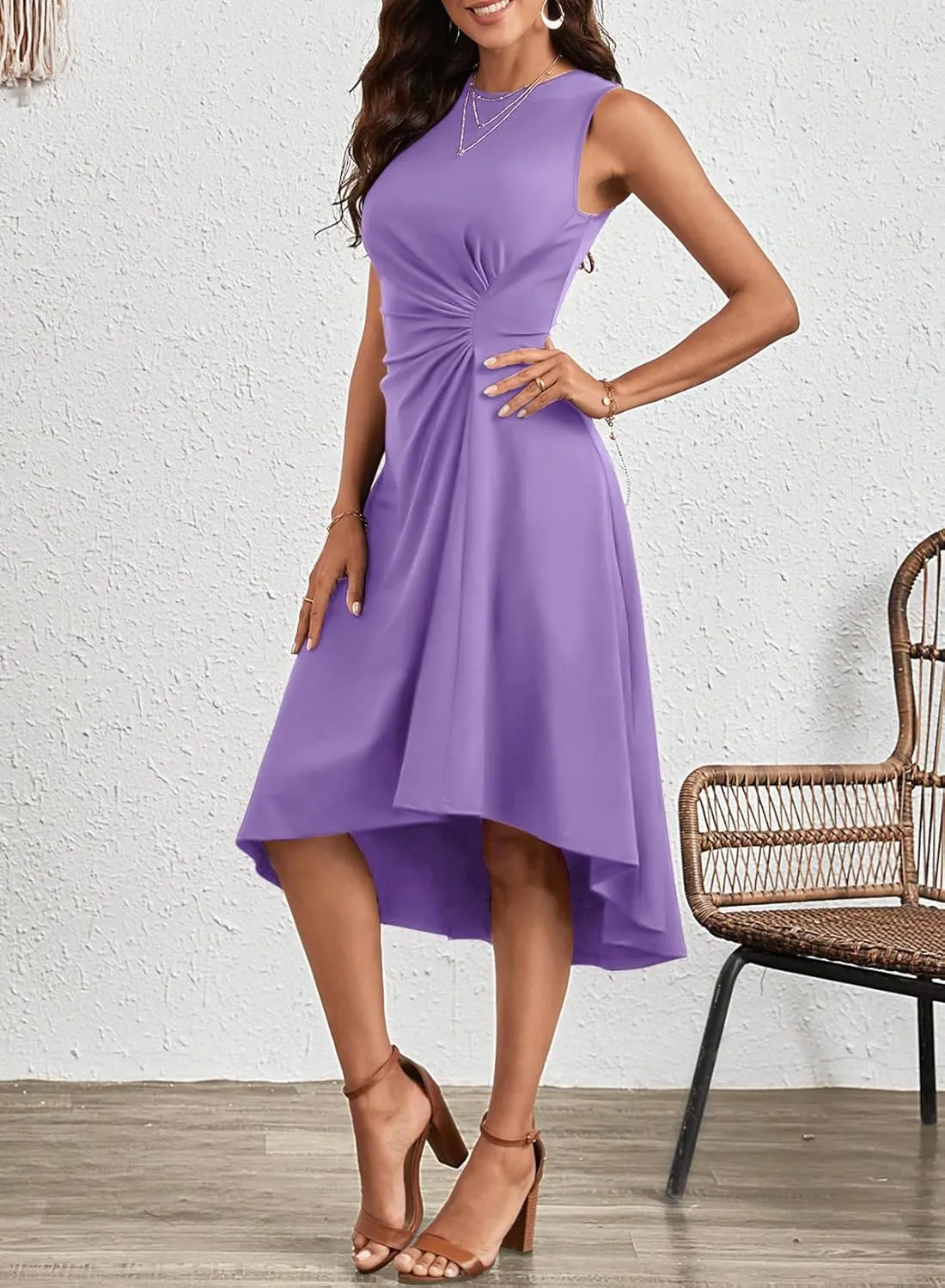 Happy Sailed Women's Summer Sleeveless Ruched Waist Flowy A Line High Low Midi Cocktail Party Dress