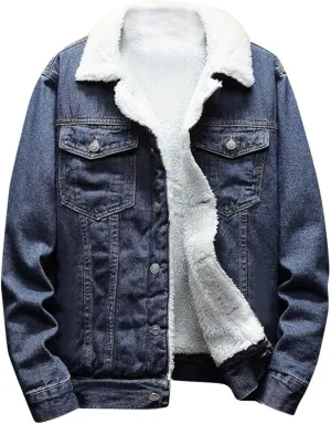 hlysgo Men's Jean Jacket Casual Lapel Sherpa Fleece Lined Thicken Denim Jean Trucker Jacket Coats Slim-Fit Outerwear