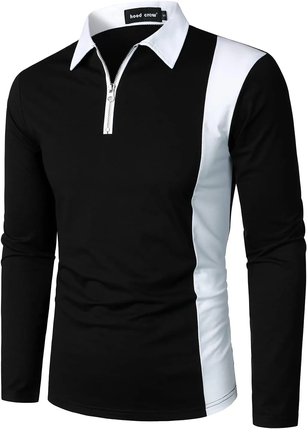 HOOD CREW Mens Long Sleeve Polo Shirts Fashion Color Block Zipper T Shirts