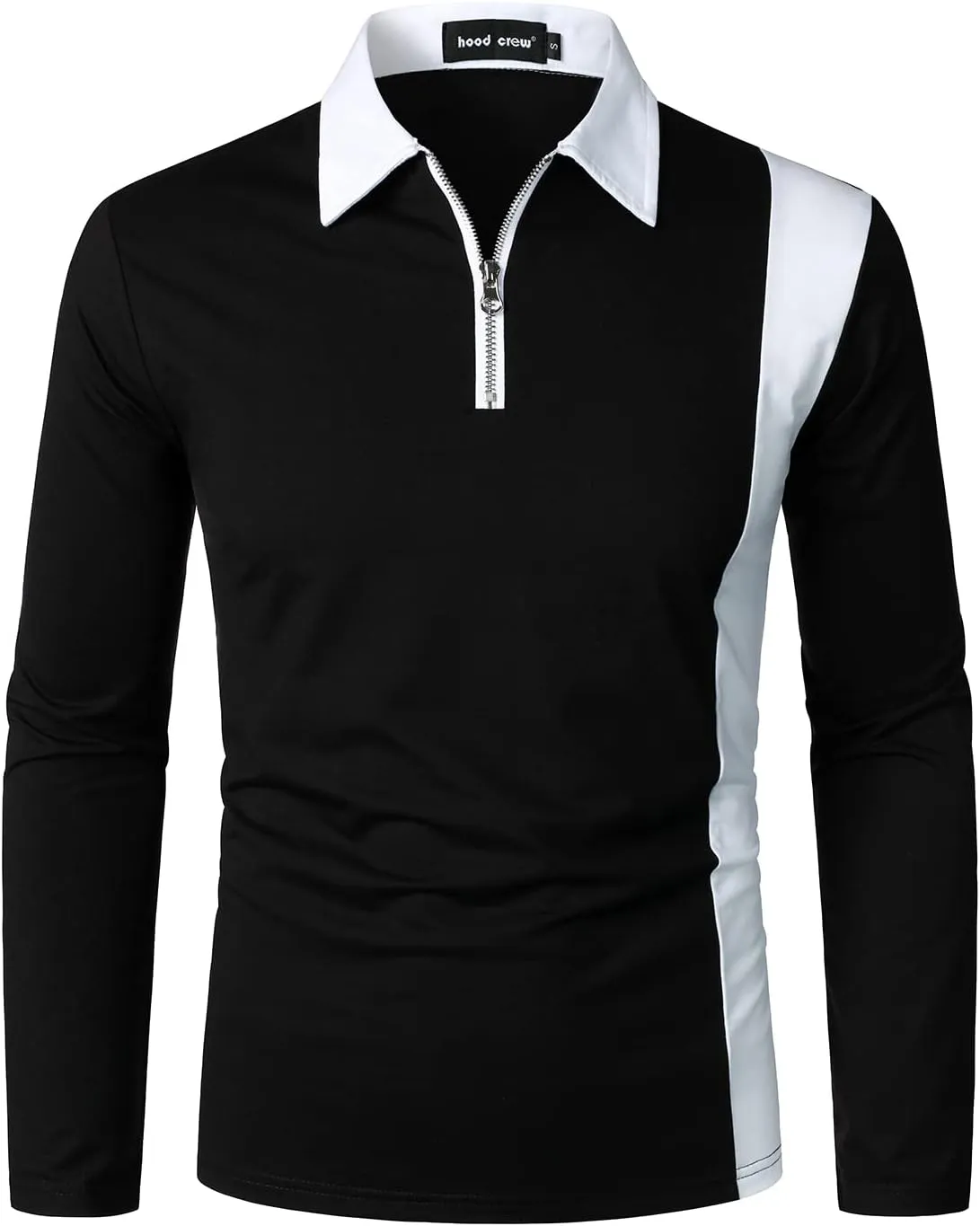 HOOD CREW Mens Long Sleeve Polo Shirts Fashion Color Block Zipper T Shirts