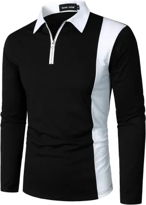 HOOD CREW Mens Long Sleeve Polo Shirts Fashion Color Block Zipper T Shirts