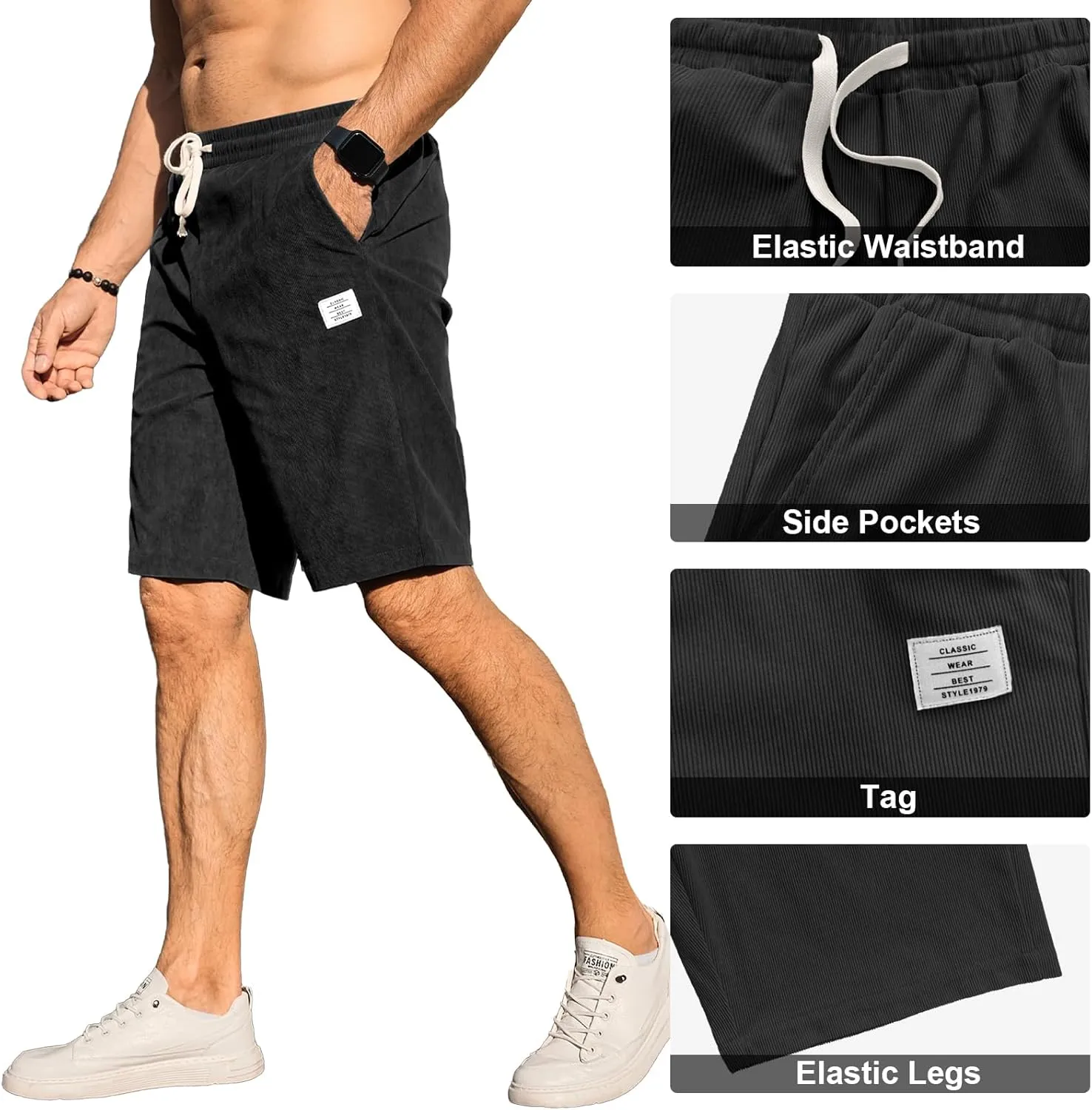 HOTake Mens Corduroy Shorts Casual Elastic Waist Drawstring Summer Beach Loose Fit Shorts