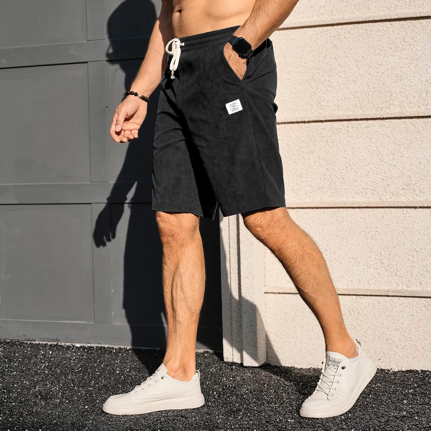 HOTake Mens Corduroy Shorts Casual Elastic Waist Drawstring Summer Beach Loose Fit Shorts
