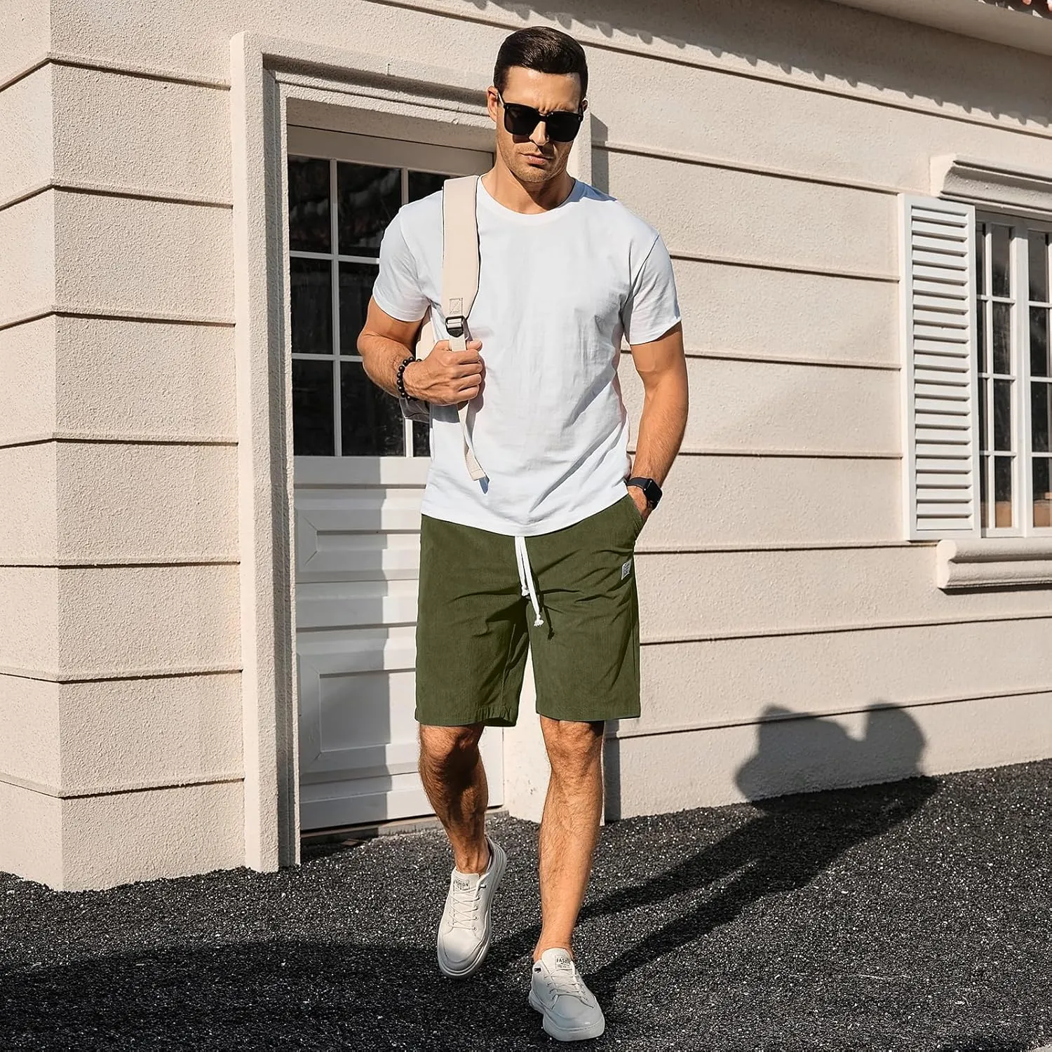 HOTake Mens Corduroy Shorts Casual Elastic Waist Drawstring Summer Beach Loose Fit Shorts