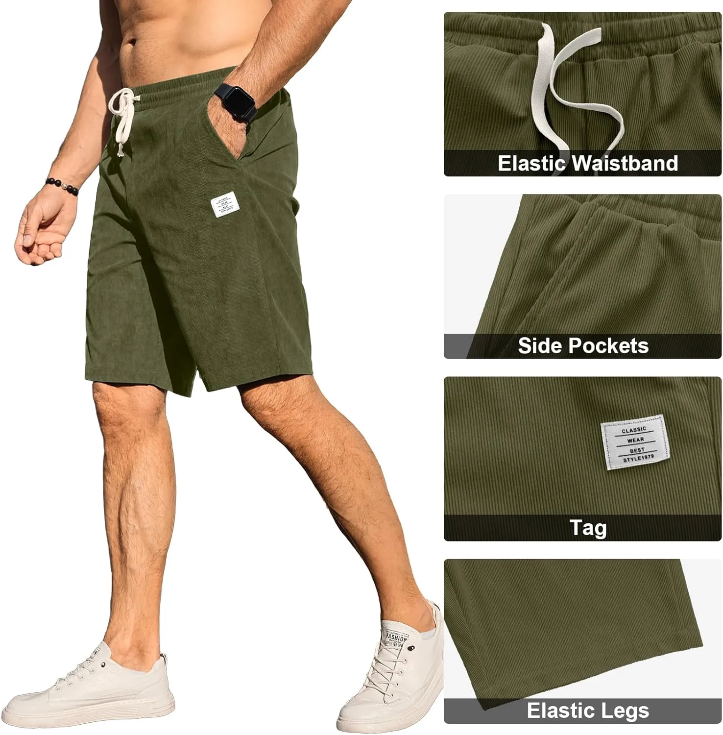 HOTake Mens Corduroy Shorts Casual Elastic Waist Drawstring Summer Beach Loose Fit Shorts